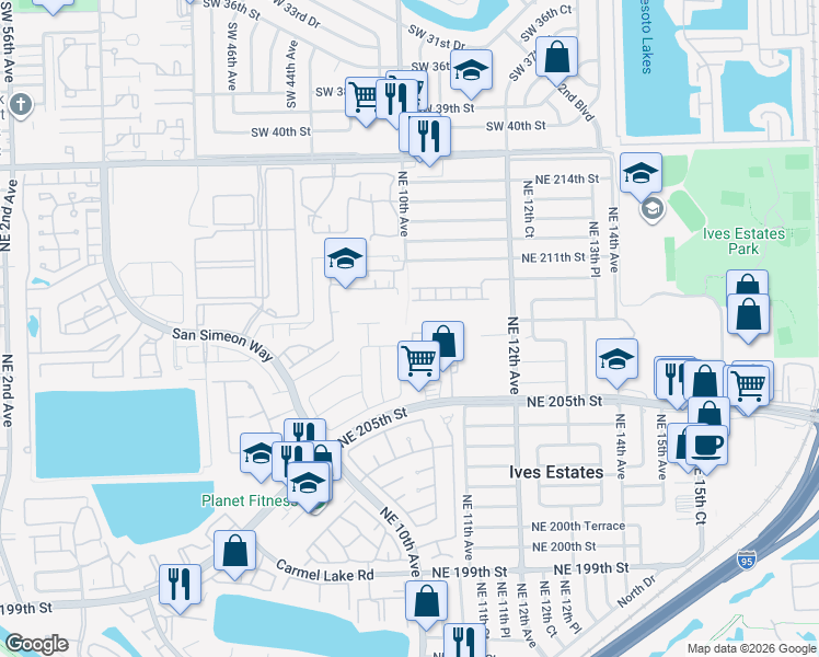 map of restaurants, bars, coffee shops, grocery stores, and more near 908 Northeast 209th Street in Miami