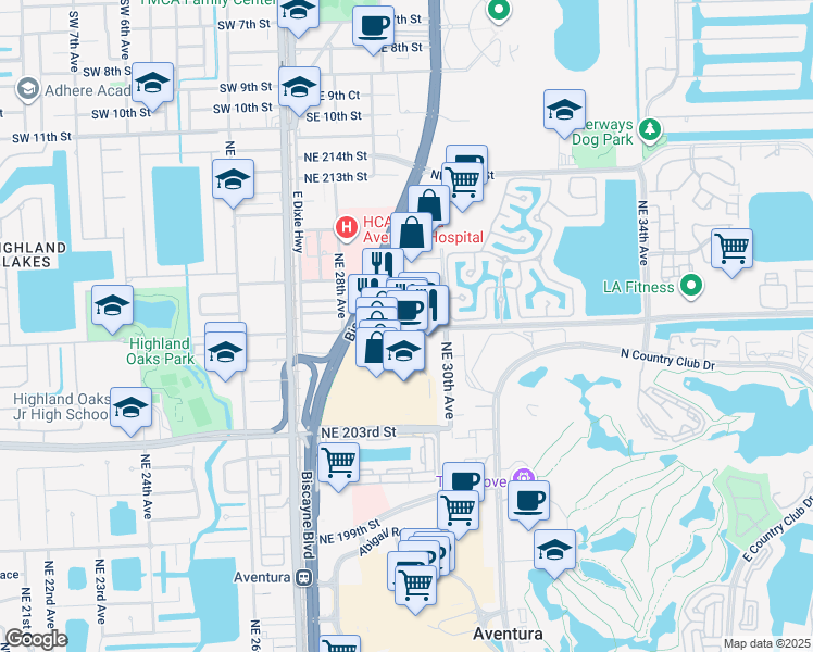 map of restaurants, bars, coffee shops, grocery stores, and more near 2920 Northeast 207th Street in Aventura