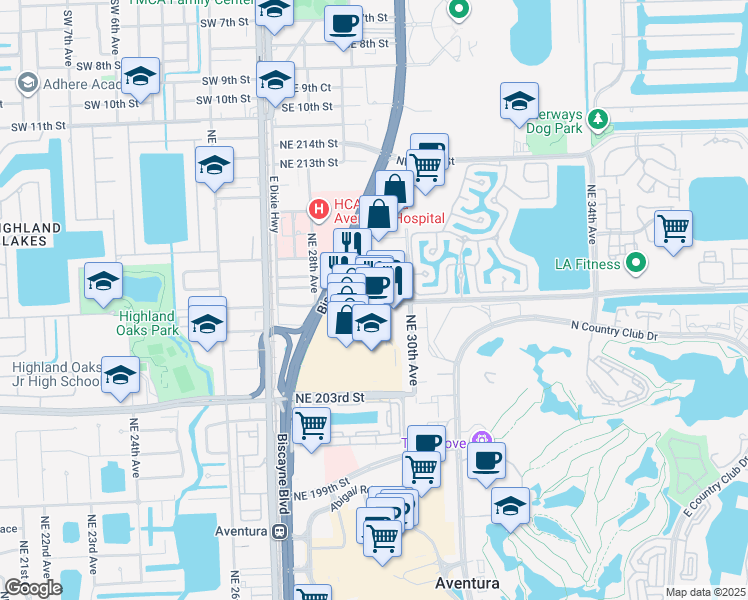map of restaurants, bars, coffee shops, grocery stores, and more near 20801 Biscayne Boulevard in Miami