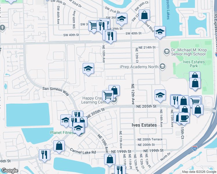 map of restaurants, bars, coffee shops, grocery stores, and more near 908 Northeast 209th Street in Miami