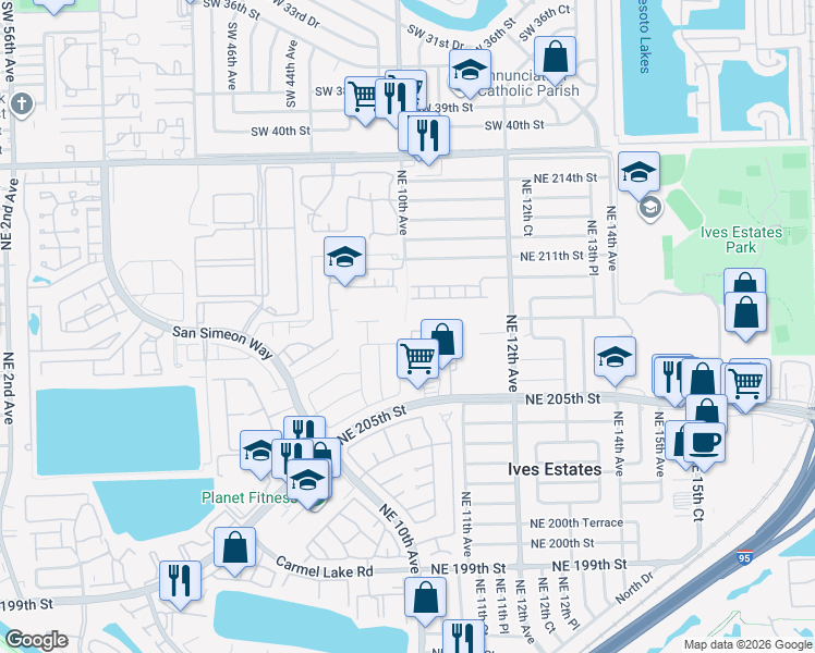 map of restaurants, bars, coffee shops, grocery stores, and more near 908 Northeast 209th Street in Miami