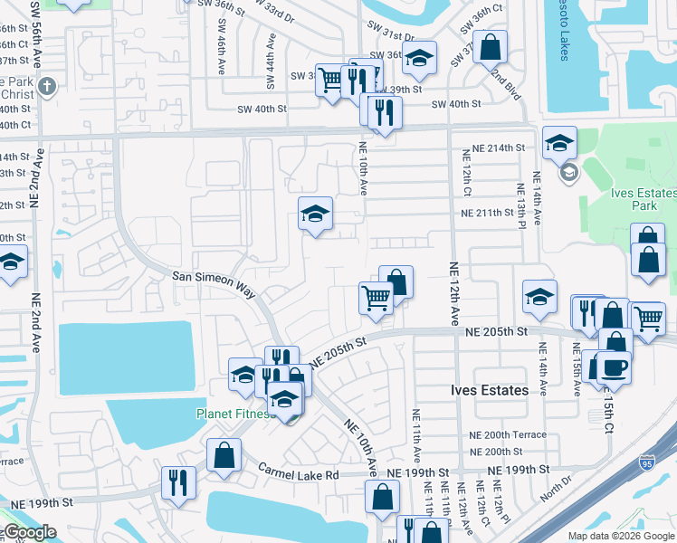 map of restaurants, bars, coffee shops, grocery stores, and more near 875 Northeast 208th Terrace in Miami