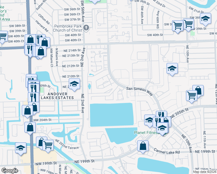 map of restaurants, bars, coffee shops, grocery stores, and more near 16 Northeast 210th Circle Terrace in Miami