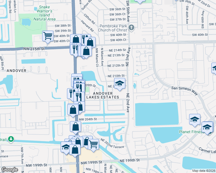 map of restaurants, bars, coffee shops, grocery stores, and more near 30 Northeast 209th Terrace in Miami