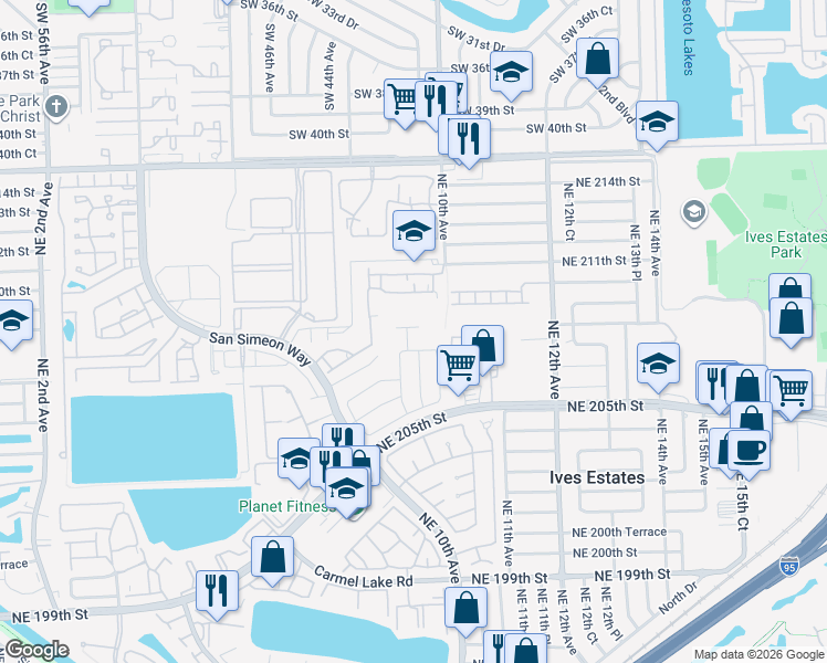 map of restaurants, bars, coffee shops, grocery stores, and more near 875 Northeast 208th Terrace in Miami