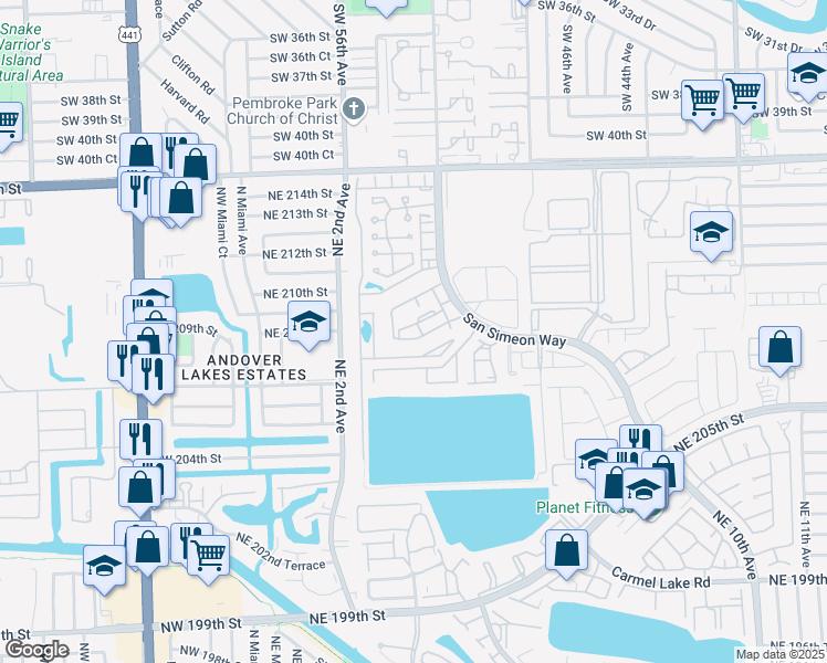 map of restaurants, bars, coffee shops, grocery stores, and more near 451 Northeast 210th Circle Terrace in Miami