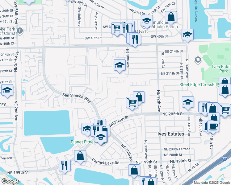 map of restaurants, bars, coffee shops, grocery stores, and more near 875 Northeast 208th Terrace in Miami