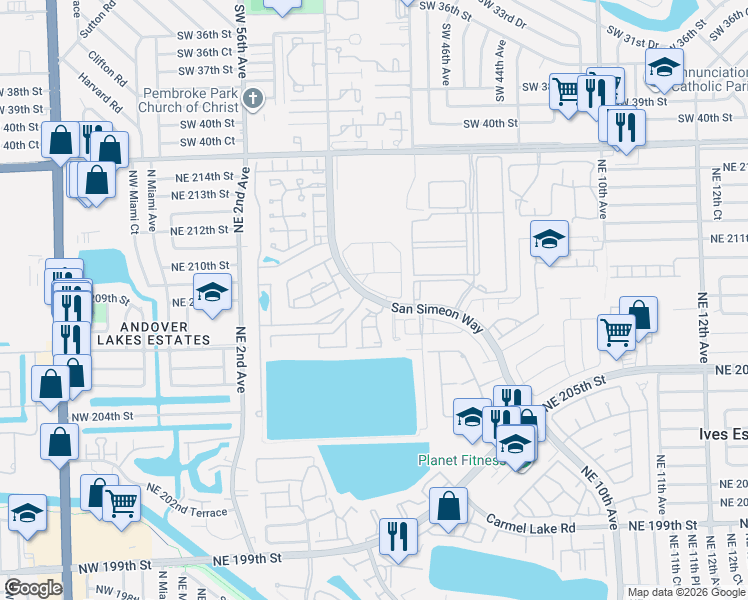 map of restaurants, bars, coffee shops, grocery stores, and more near 20851 San Simeon Way in Miami
