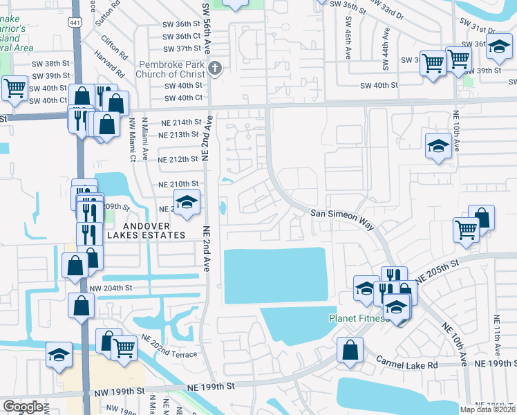 map of restaurants, bars, coffee shops, grocery stores, and more near 16 Northeast 210th Circle Terrace in Miami