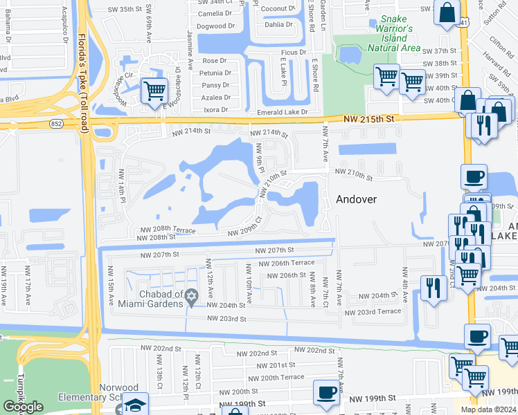 map of restaurants, bars, coffee shops, grocery stores, and more near 20805 Northwest 14th Place in Miami Gardens