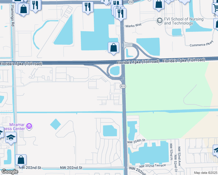 map of restaurants, bars, coffee shops, grocery stores, and more near 4400 Southwest 113th Avenue in Miramar