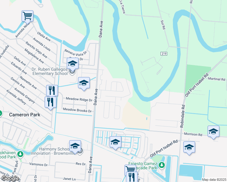 map of restaurants, bars, coffee shops, grocery stores, and more near 3132 Westwind Drive in Brownsville