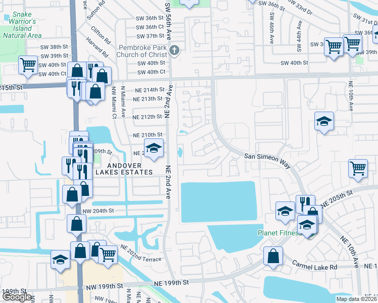 map of restaurants, bars, coffee shops, grocery stores, and more near 439 Northeast 210th Circle Terrace in Miami