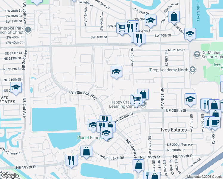 map of restaurants, bars, coffee shops, grocery stores, and more near 20815 Northeast 8th Court in Miami