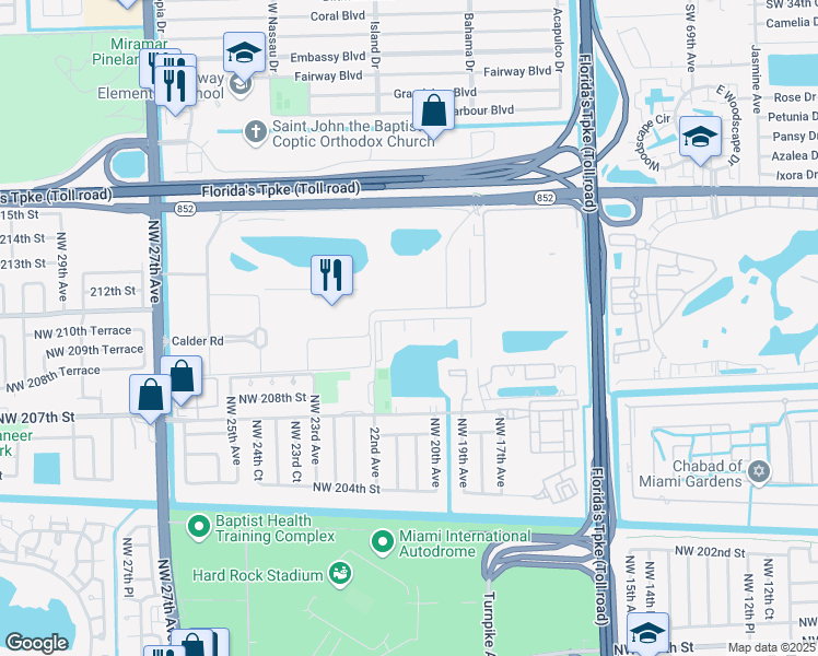 map of restaurants, bars, coffee shops, grocery stores, and more near 21081 Northwest 22nd Avenue in Miami Gardens
