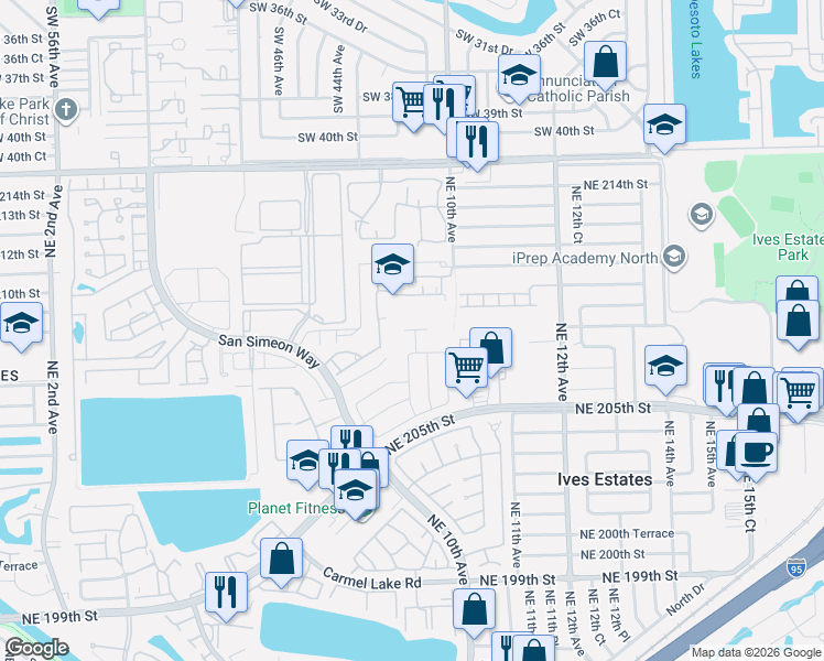 map of restaurants, bars, coffee shops, grocery stores, and more near 875 Northeast 208th Terrace in Miami