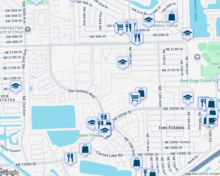 map of restaurants, bars, coffee shops, grocery stores, and more near 20815 Northeast 8th Court in Miami