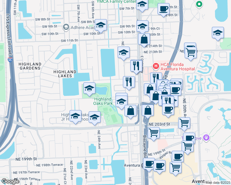map of restaurants, bars, coffee shops, grocery stores, and more near 2525 Northeast 207th Terrace in Aventura