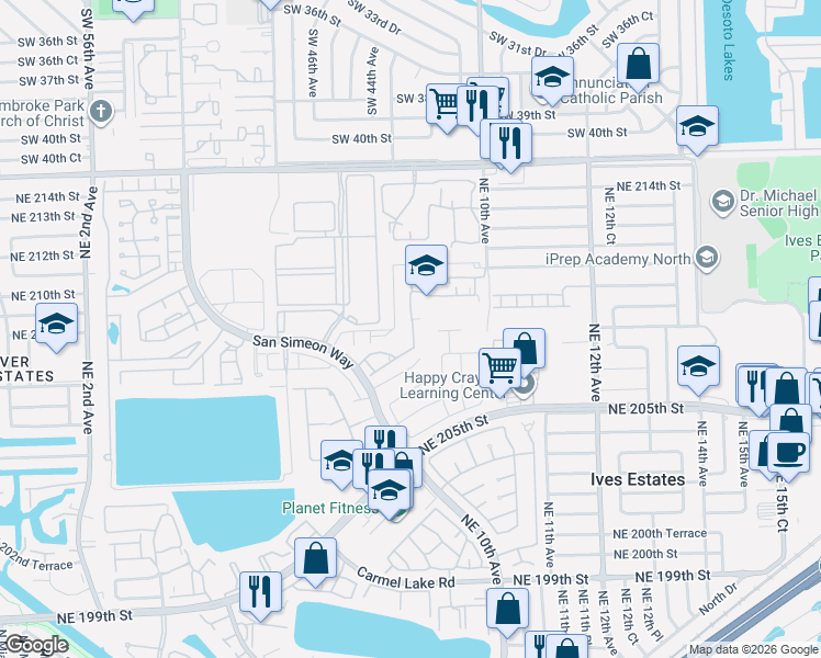 map of restaurants, bars, coffee shops, grocery stores, and more near 20815 Northeast 8th Court in Miami