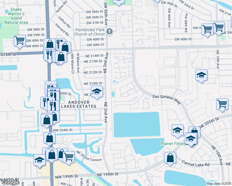 map of restaurants, bars, coffee shops, grocery stores, and more near 221 Northeast 210th Street in North Miami Beach