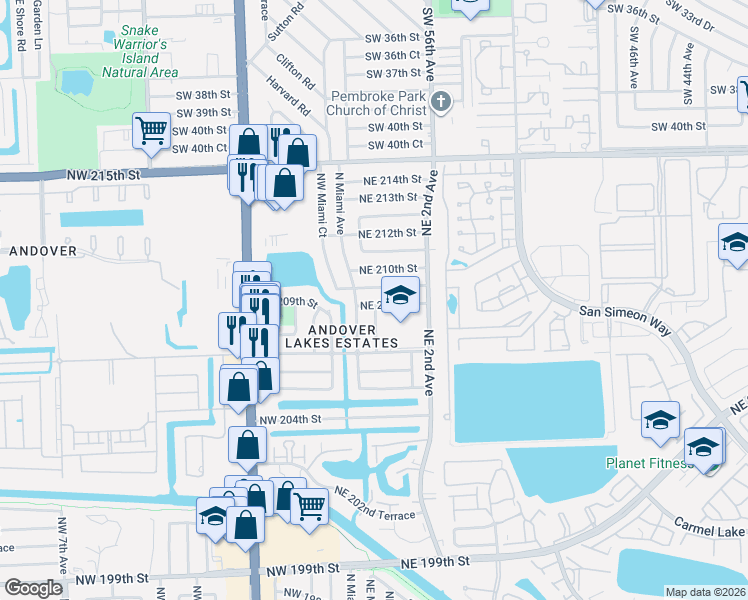 map of restaurants, bars, coffee shops, grocery stores, and more near 30 Northeast 209th Terrace in Miami
