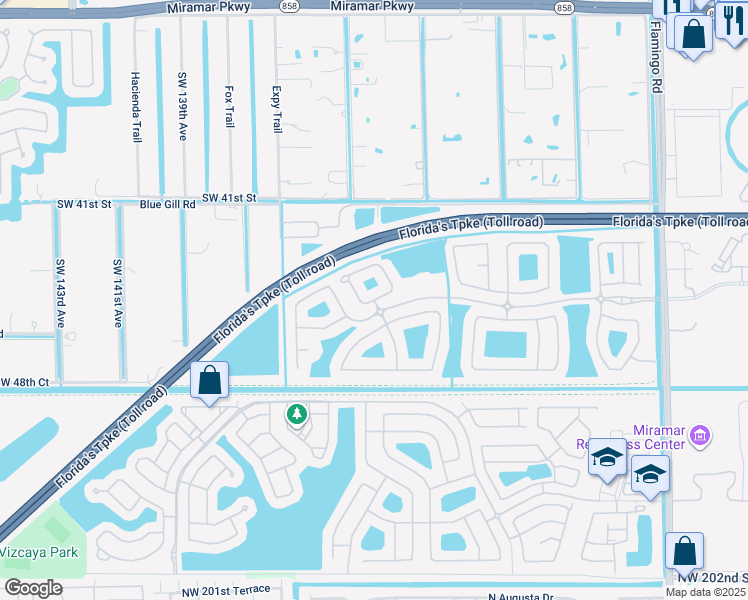 map of restaurants, bars, coffee shops, grocery stores, and more near 13109 Southwest 42nd Street in Miramar