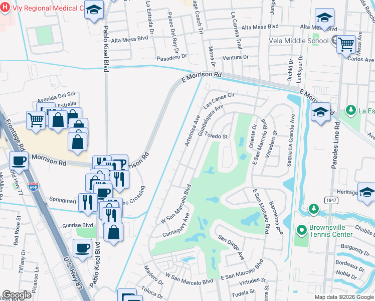 map of restaurants, bars, coffee shops, grocery stores, and more near 5 Oaxaca Court in Brownsville
