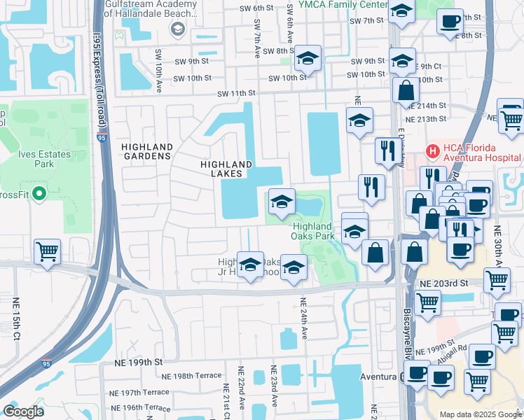 map of restaurants, bars, coffee shops, grocery stores, and more near 20726 Northeast 23rd Avenue in Miami