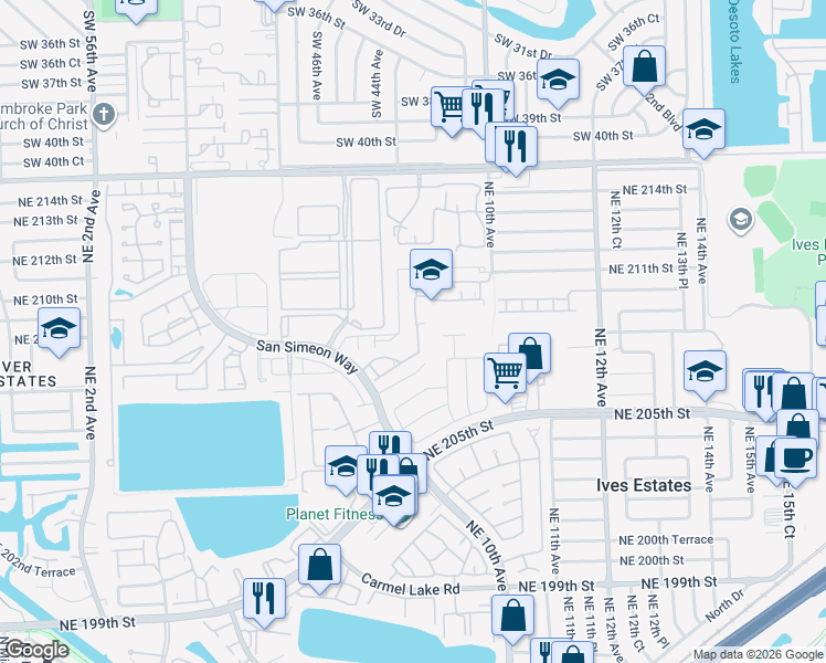 map of restaurants, bars, coffee shops, grocery stores, and more near 20815 Northeast 8th Court in Miami