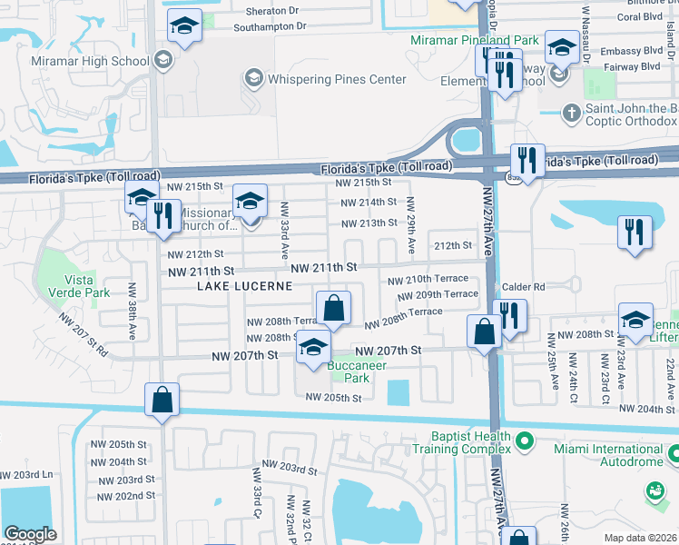 map of restaurants, bars, coffee shops, grocery stores, and more near 3201 Northwest 211th Street in Miami Gardens