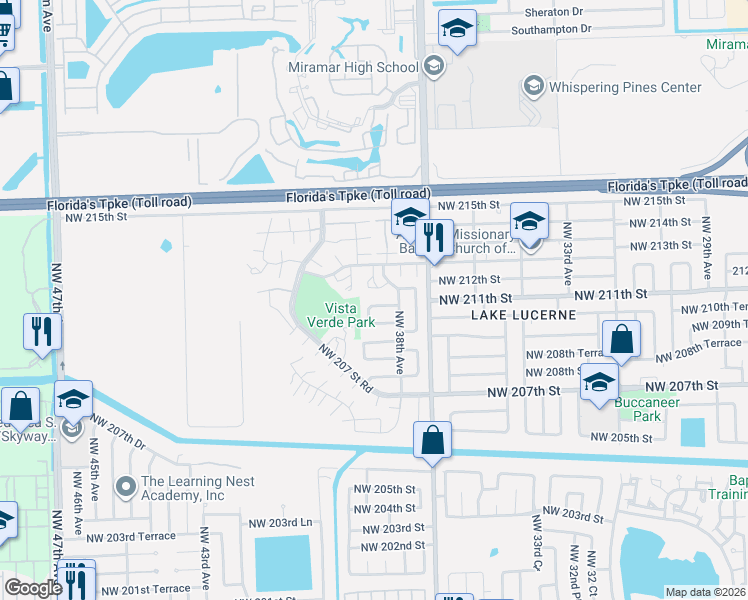 map of restaurants, bars, coffee shops, grocery stores, and more near 3832 Northwest 213th Street in Miami Gardens