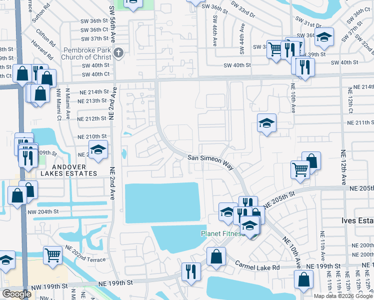 map of restaurants, bars, coffee shops, grocery stores, and more near 20801 Northeast 4th Court in Miami
