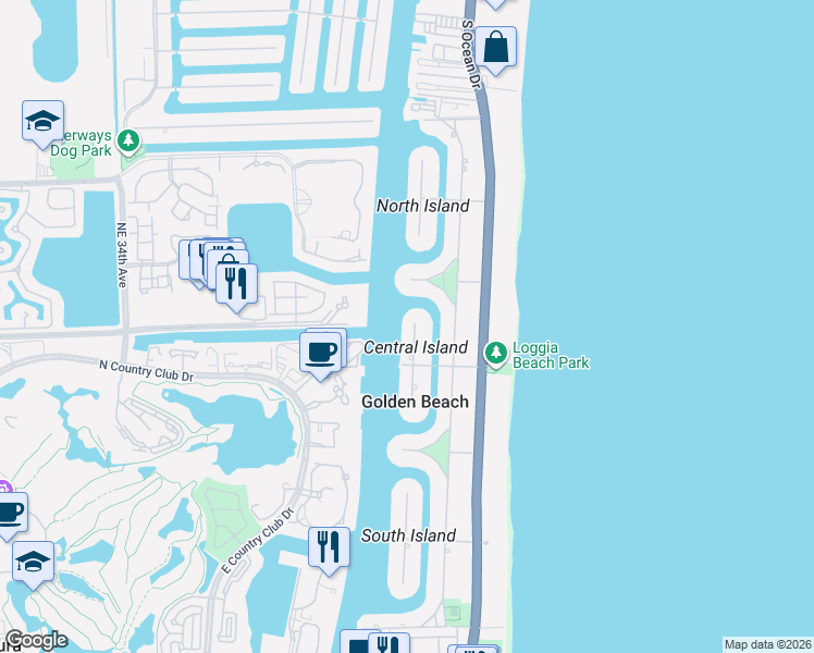 map of restaurants, bars, coffee shops, grocery stores, and more near 439 Centre Island in Golden Beach