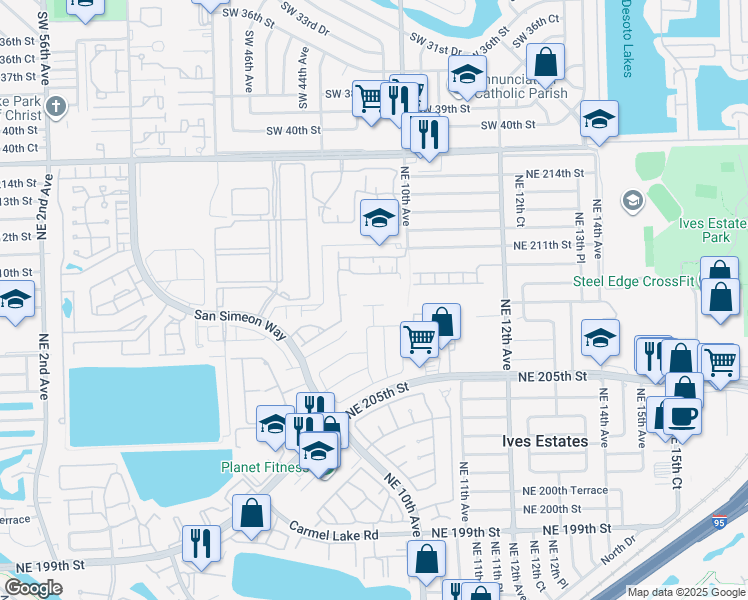 map of restaurants, bars, coffee shops, grocery stores, and more near 875 Northeast 208th Terrace in Miami