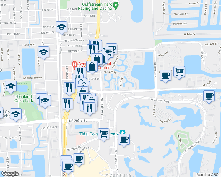 map of restaurants, bars, coffee shops, grocery stores, and more near 3037 Northeast 207th Terrace in Aventura