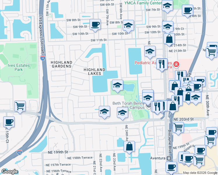 map of restaurants, bars, coffee shops, grocery stores, and more near 20726 Northeast 23rd Avenue in Miami