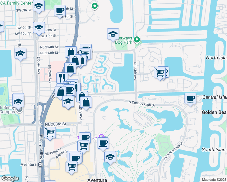 map of restaurants, bars, coffee shops, grocery stores, and more near 20729 Northeast 32nd Avenue in Aventura