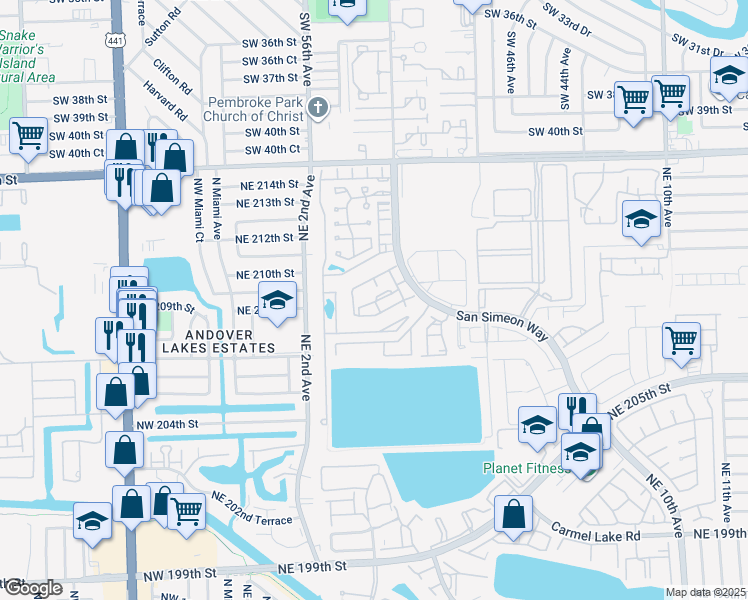 map of restaurants, bars, coffee shops, grocery stores, and more near 439 Northeast 210th Circle Terrace in Miami