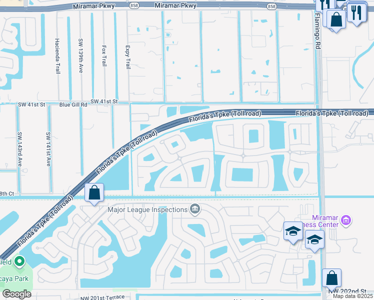 map of restaurants, bars, coffee shops, grocery stores, and more near 13100 Southwest 44th Street in Miramar