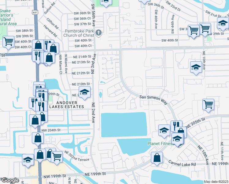 map of restaurants, bars, coffee shops, grocery stores, and more near 439 Northeast 210th Circle Terrace in Miami
