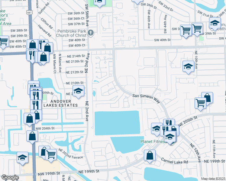map of restaurants, bars, coffee shops, grocery stores, and more near 16 Northeast 210th Circle Terrace in Miami
