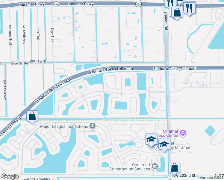 map of restaurants, bars, coffee shops, grocery stores, and more near 12938 Southwest 44th Street in Miramar