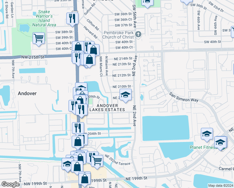 map of restaurants, bars, coffee shops, grocery stores, and more near 30 Northeast 209th Terrace in Miami