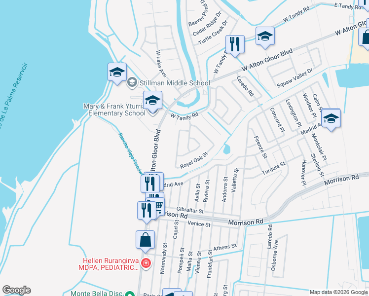 map of restaurants, bars, coffee shops, grocery stores, and more near 1762 Northwood Dr in Brownsville