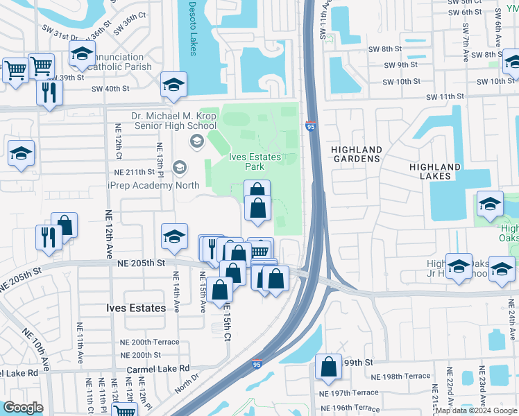 map of restaurants, bars, coffee shops, grocery stores, and more near 20855 Northeast 16th Avenue in Miami