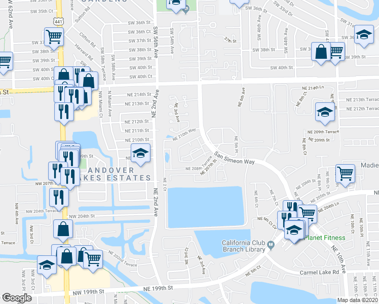 map of restaurants, bars, coffee shops, grocery stores, and more near 439 Northeast 210th Circle Terrace in Miami