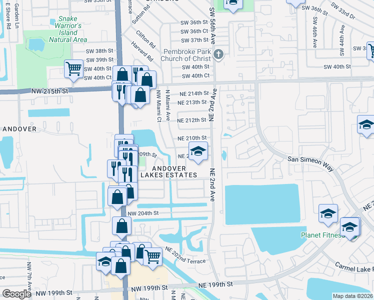 map of restaurants, bars, coffee shops, grocery stores, and more near 30 Northeast 209th Terrace in Miami