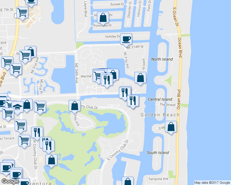 map of restaurants, bars, coffee shops, grocery stores, and more near 3619 Northeast 207th Street in Aventura
