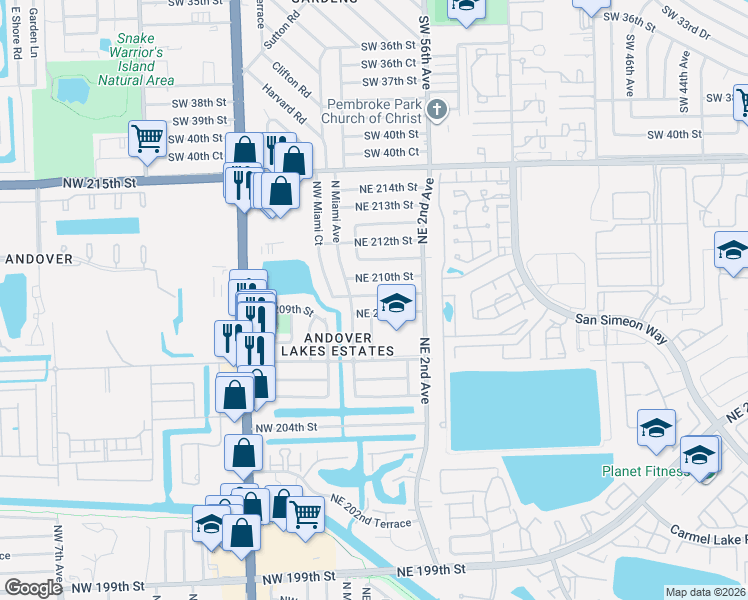 map of restaurants, bars, coffee shops, grocery stores, and more near 30 Northeast 209th Terrace in Miami