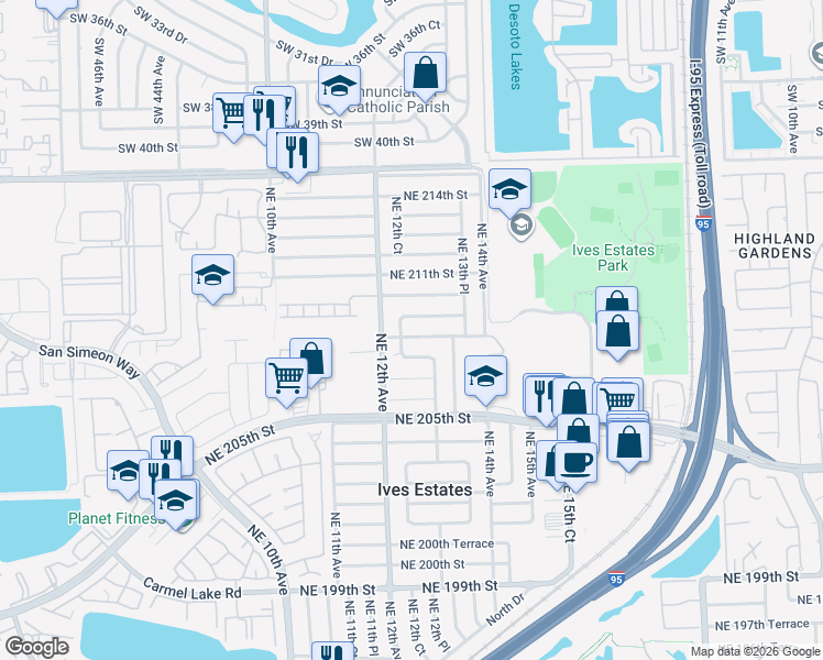 map of restaurants, bars, coffee shops, grocery stores, and more near 1281 Northeast 208th Terrace in Miami